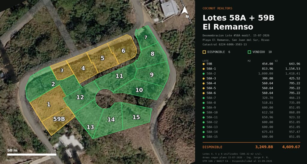 Remanso Beach lot map – Lots 58A and 59B, available and sold lots
