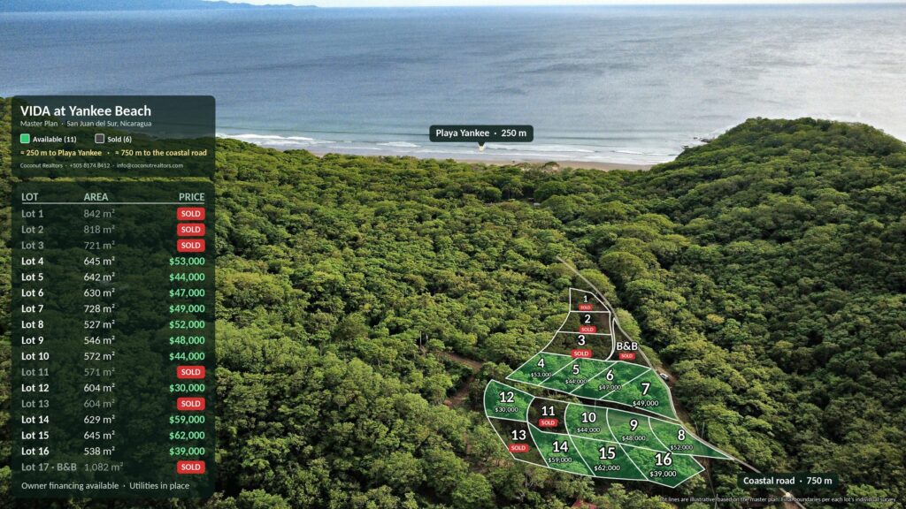 VIDA at Yankee Beach master plan seen from above, looking toward Playa Yankee and the ocean